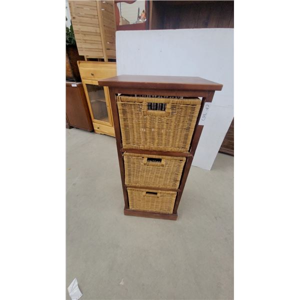 Three-Drawer Wooden Storage Tower with Woven Wicker Baskets 36 x 17 x 13"