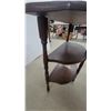 Image 4 : Vintage Dark-Stained Wood Demi-Lune Three-Tier Accent Table with Turned Legs 24 x 22 x 11"