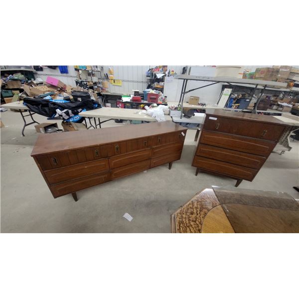 Mid-Century Modern Wooden Dresser with Nine Drawers 30 x 72 x 18" and Matching Chest of Drawers 41