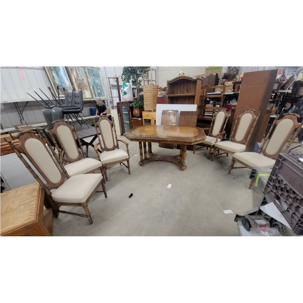 Vintage Hollywood Regency Faux Bamboo Dining Table 60 x 42 x 30" with Six Upholstered and 2x Leafs