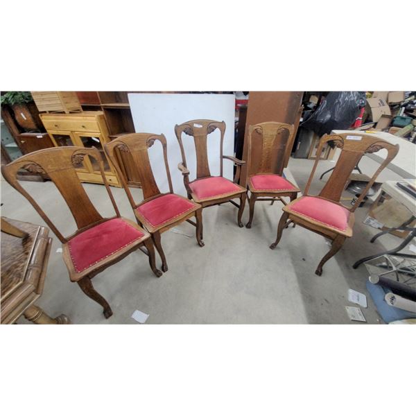 Antique Set of 5 Colonial Revival Quarter-Sawn Oak Dining Chairs with Red Upholstered Seats