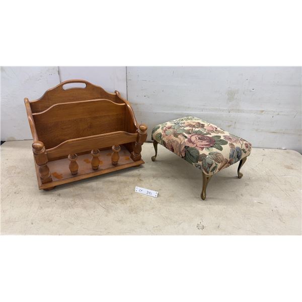 Wooden Magazine Rack with Spindle Details and Floral Tapestry Footstool with Cabriole Legs