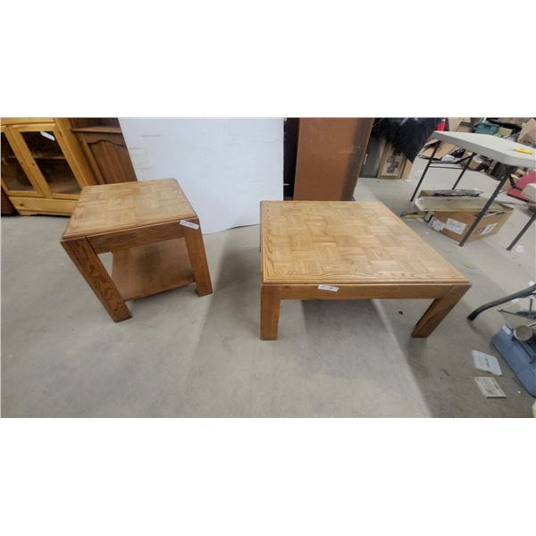 Oak End Tables 21 x 22 x 27" Coffee Table 16 x 36 x 36" with Parquet Tops and Lower Shelves