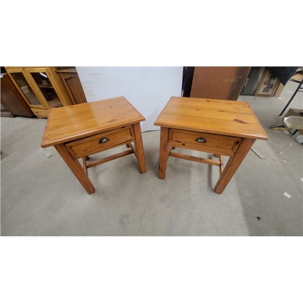 Pair of Rustic Pine End Tables with Single Drawer and Brass Cup Pulls 24 x 21 x 26"