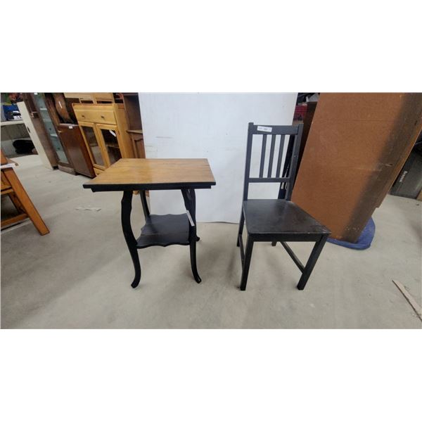 Victorian-Style Parlor Table 27 x 18 x 22" with Oak Top and Black Painted Base and Chair