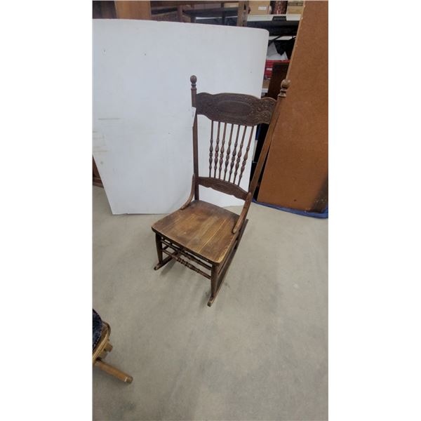 Antique Oak Double Pressed Back Spindle Rocking Chair