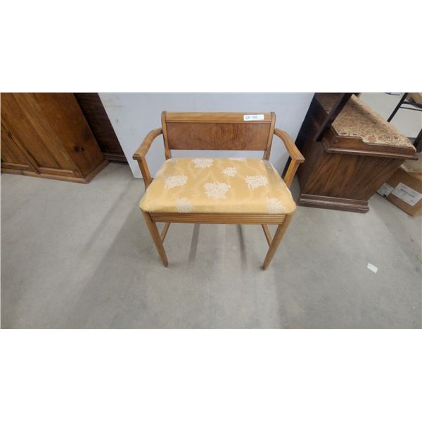Vintage Wooden Vanity Bench with Yellow Damask Upholstered Seat and Burl Wood Panel