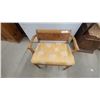 Image 2 : Vintage Wooden Vanity Bench with Yellow Damask Upholstered Seat and Burl Wood Panel