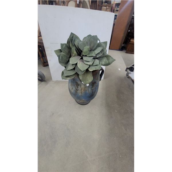 Rustic Distressed Blue and Brown Two-Handled Urn with Artificial Succulent28" Tall