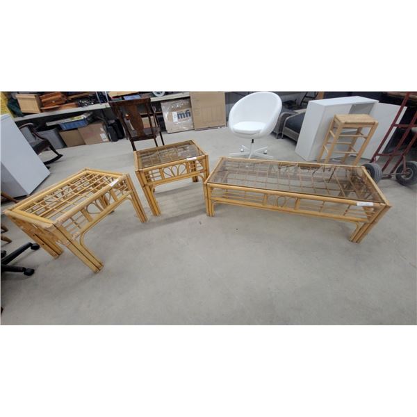 Rattan and Glass Coffee Table with Two Matching Side Tables 1 End Table Missing Glass in Picture