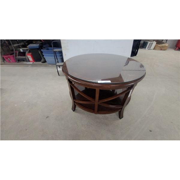 Round Glass-Top Side Table with Dark Wood Curved Crisscross Base 20" Hgt.33" Diameter