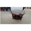 Image 1 : Round Glass-Top Side Table with Dark Wood Curved Crisscross Base 20" Hgt.33" Diameter