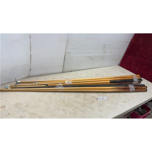 Assorted Wooden Pool Cues with Metal Bridge Rest and More
