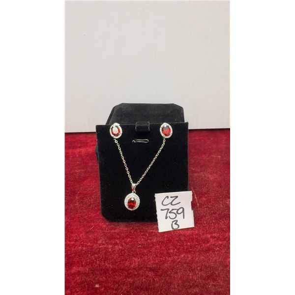 Platinum-Plated 1.0-Carat Oval-Cut Ruby Simulated Diamond Two-Piece Necklace Set, 16" - 18" Long