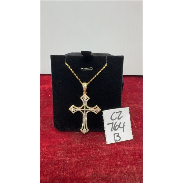 18K Gold Plated 46mm Simulated Diamond Cubic Zirconia Cross Necklace with 18" Chain