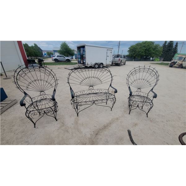 Black Wrought Iron Peacock Fan Back Garden Chairs with Scrollwork, Set of Three
