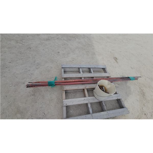 Bundle of Metal Scaffolding Cross Braces, Bucket with, and Pins