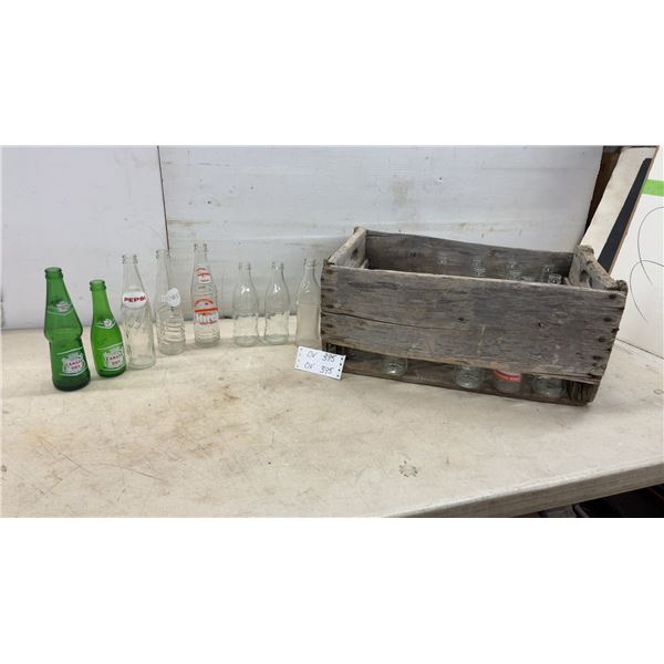 Vintage Soda Bottle Collection with Canada Dry, Pepsi, Hires Root Beer, and Wooden Crate