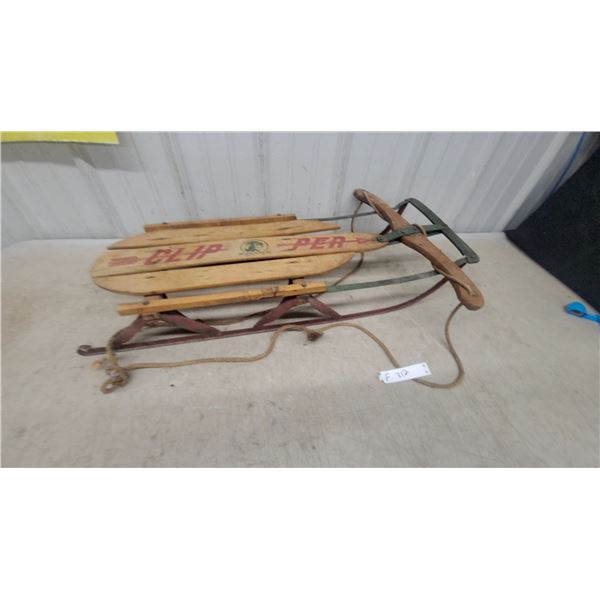 Monarch Clip-Per Vintage Wooden Snow Sled with Metal Runners and Rope Pull