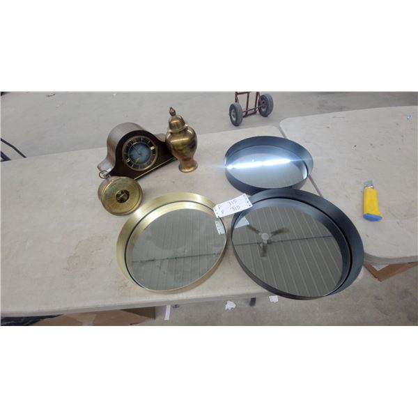 Vintage Brass Aneroid Barometer, Wooden Mantel Clock, Round Mirrors, and More