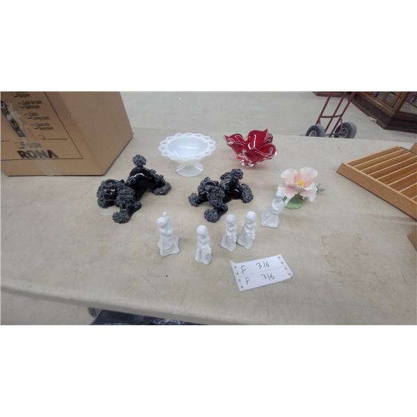 Black Poodle Figurines, White Porcelain Angle Figures, Murano Art Glass Dish, and More