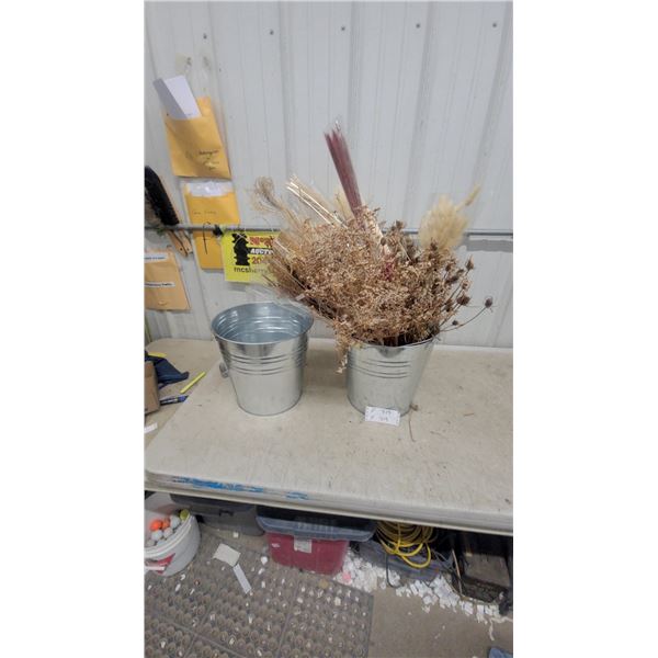 Two Galvanized Metal Buckets with Dried Floral Arrangement and More