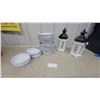 Image 1 : White and Black Hexagonal Decorative Lanterns, White Plastic Planters, and Saucers