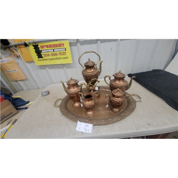 Copper and Brass Tea Service Set with Samovar, Teapots, and Serving Tray