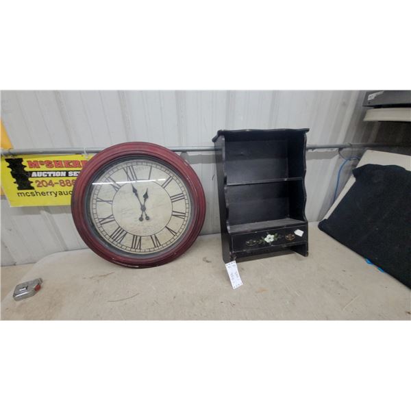 Large Round Wall Clock with Map Face Diameter 23" and Black Decorative Shelf Unit with Drawer