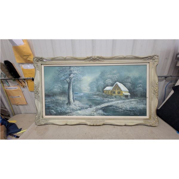 Framed Oil Painting, Winter Landscape with Snow-Covered House, Baroque-Style Frame 55 x 31"