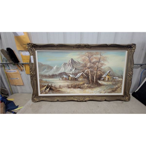 Framed Oil Painting of Mountain Landscape with Cabins, Signed 31 x 55"