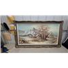 Image 1 : Framed Oil Painting of Mountain Landscape with Cabins, Signed 31 x 55"