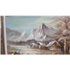 Image 4 : Framed Oil Painting of Mountain Landscape with Cabins, Signed 31 x 55"