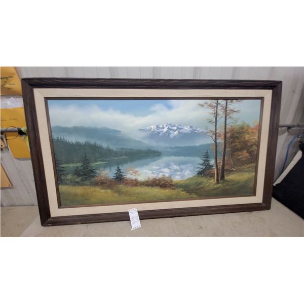 Framed Landscape Oil Painting, Mountain Lake Scene with Snow-Capped Peaks 55 x 31"