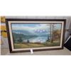 Image 1 : Framed Landscape Oil Painting, Mountain Lake Scene with Snow-Capped Peaks 55 x 31"