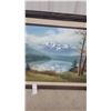 Image 4 : Framed Landscape Oil Painting, Mountain Lake Scene with Snow-Capped Peaks 55 x 31"