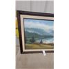 Image 5 : Framed Landscape Oil Painting, Mountain Lake Scene with Snow-Capped Peaks 55 x 31"