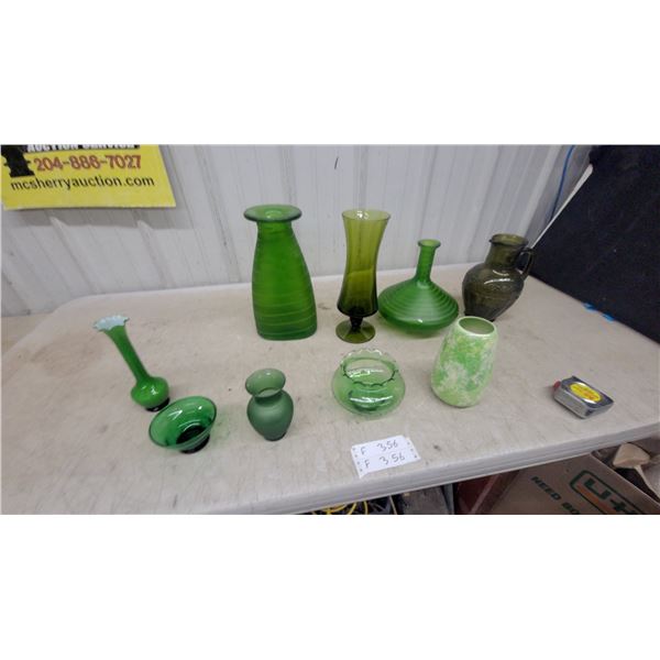 Collection of Green Glass Vases and Decorative Bottles, Various Styles and Sizes