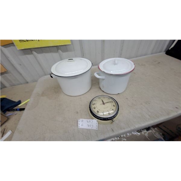 Westclox Wall Clock, White Enamelware Canister with Black Trim, and Chamber Pot with Red Trim