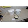 Image 1 : Westclox Wall Clock, White Enamelware Canister with Black Trim, and Chamber Pot with Red Trim