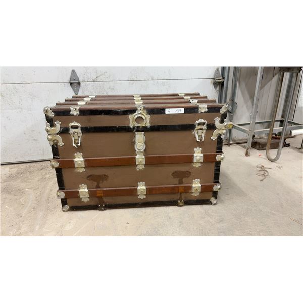 Antique Flat-Top Steamer Trunk with Wooden Slats and Ornate Metal Hardware, 22 x 34 x 21"