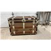 Image 1 : Antique Flat-Top Steamer Trunk with Wooden Slats and Ornate Metal Hardware, 22 x 34 x 21"
