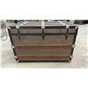 Image 3 : Antique Flat-Top Steamer Trunk with Wooden Slats and Ornate Metal Hardware, 22 x 34 x 21"