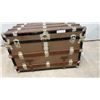 Image 8 : Antique Flat-Top Steamer Trunk with Wooden Slats and Ornate Metal Hardware, 22 x 34 x 21"
