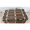 Image 9 : Antique Flat-Top Steamer Trunk with Wooden Slats and Ornate Metal Hardware, 22 x 34 x 21"