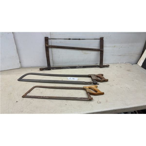Vintage Bucksaw, Bow Saw, and Hacksaw with Wooden Handles, Set of Three