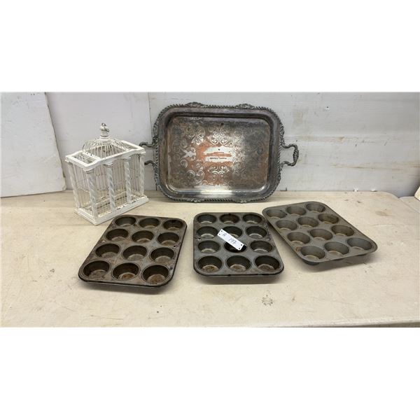 Decorative White Wooden Birdcage, Silver-Plated Serving Tray, 12-Cup Muffin Pans, and More