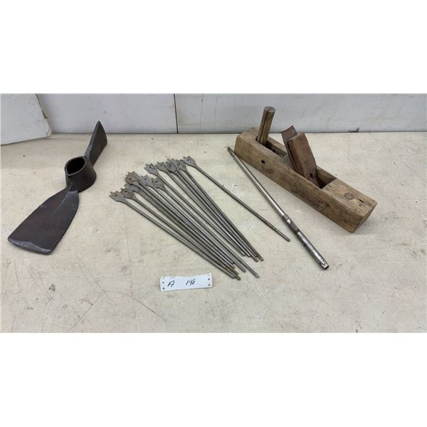 Antique Pick Mattock Head, Wooden Fore Plane, Spade Bits, and More