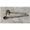 Image 1 : Antique Agricultural Cultivating Tool with Wooden Handle and Cast Iron Fat Lamp