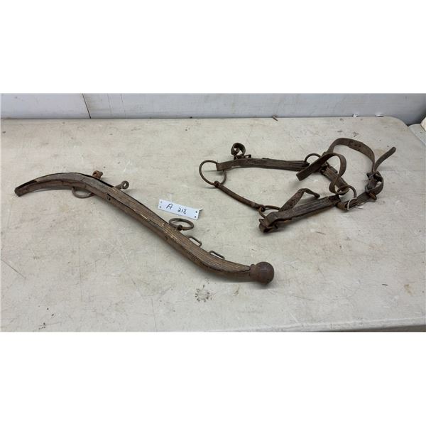 Antique Wooden Horse Hames with Metal Rings and Leather Horse Bridle with Metal Bit